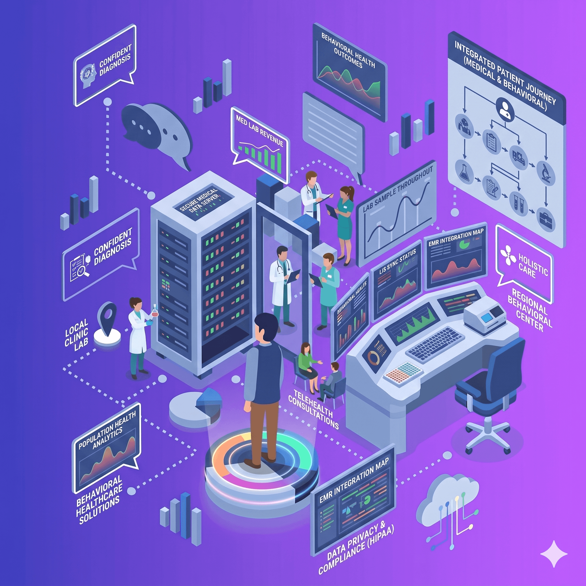 Isometric illustration of an integrated healthcare and behavioral-health operations platform — server racks, clinical staff, dashboards, and compliance — Utopia Tech